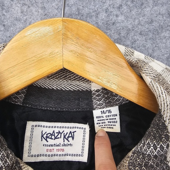 Flannel Plaid Shirt Jacket Womens L XL Black Tan Zip Shacket Cabin 90s KRAZY KAT - Picture 4 of 11